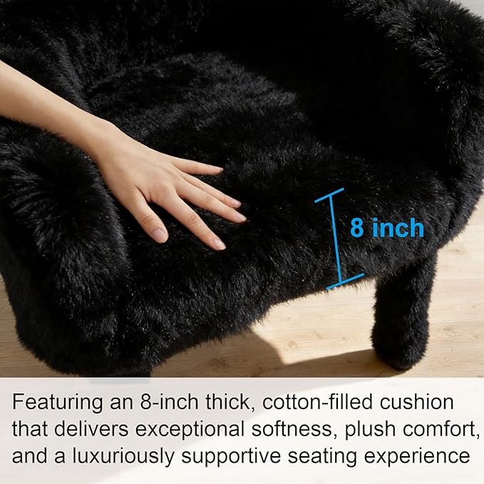 Modern Faux Fur Accent Chair with Solid Wood Frame Comfy Living Chair Cozy Furry Lounge Chair Upholstered Armchair for Living Room Bedroom Vanity Reading Nook Black