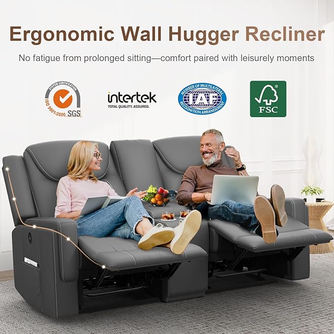Loveseat Recliner Sofa Gray PU Leather Double Recliner Loveseat with Console Cup Holders Storage &amp USB Ports Ergonomics Manual Reclining Sofa Couch for Living Room RV