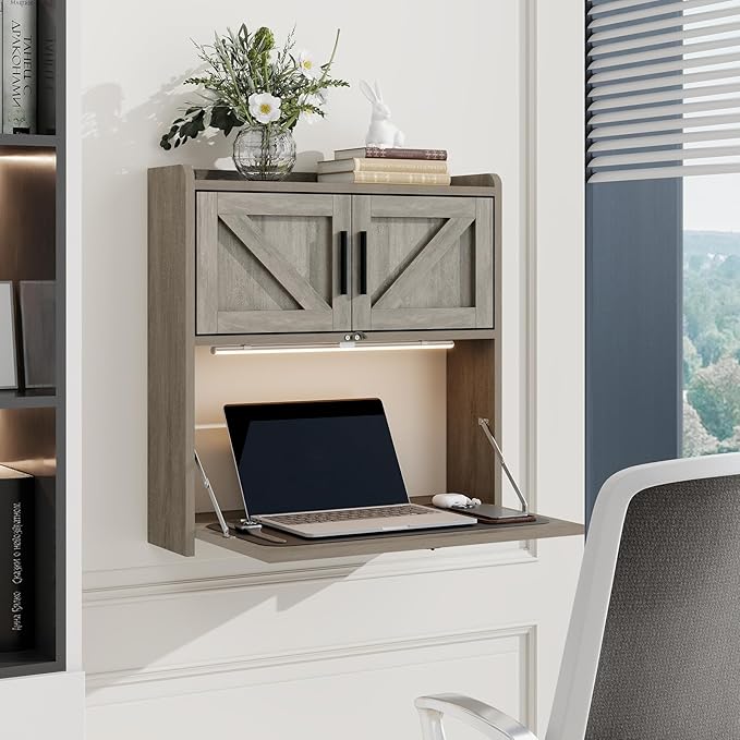 ARTETHYS Wall Mounted Desk with LED Light Farmhouse Multifunctional Fold Down Laptop Computer Table Writing Workstation with Storage Compartments Space Saving for Home Office Gray