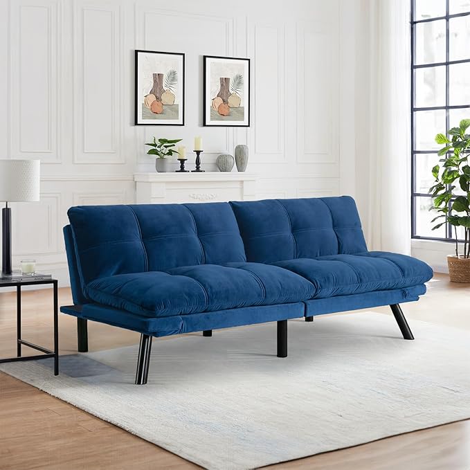 Convertible Velvet Futon Sofa Bed Comfy 72 L Sleeper Couch with Thicker Cushion Upholstered Modern Reclining Loveseat Folding Sofa for Small Living Room Dorm Apartment Office Navy