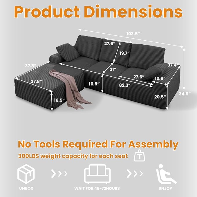 Oversized Convertible L Shaped Sectional Sofa Cloud Couch with Movable Ottoman 103.5 Inch 4 Seat Corduroy Boneless Sofa Set No Assembly Required Floor Couch with Throw Cushions for Living Room