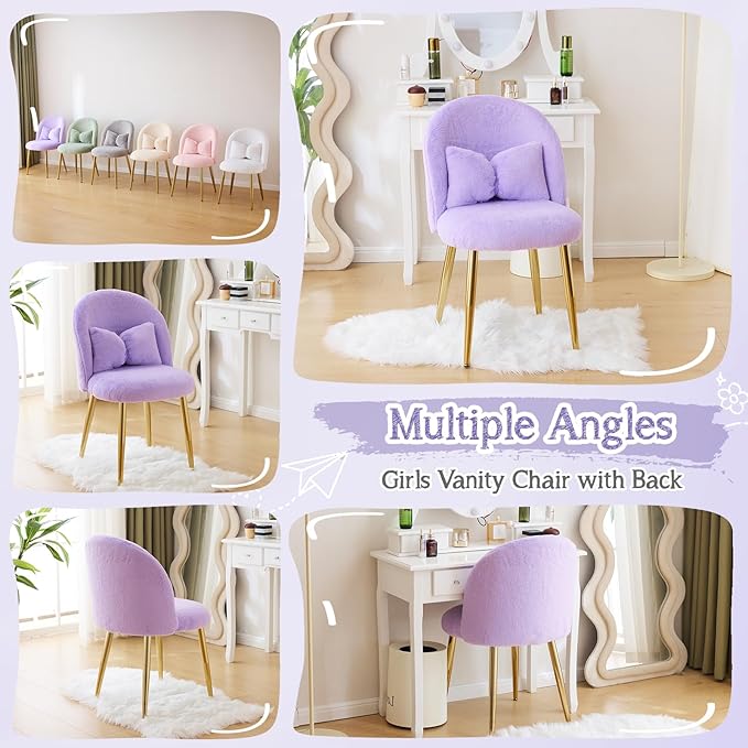 VINGLI Fluffy Girls Vanity Chair with Back &amp PillowCute Small Cozy Desk Chair No WheelsComfy Makeup Ch with Ajustable Gold Legsfor BedroomLiving RoomSmall SpacePurple