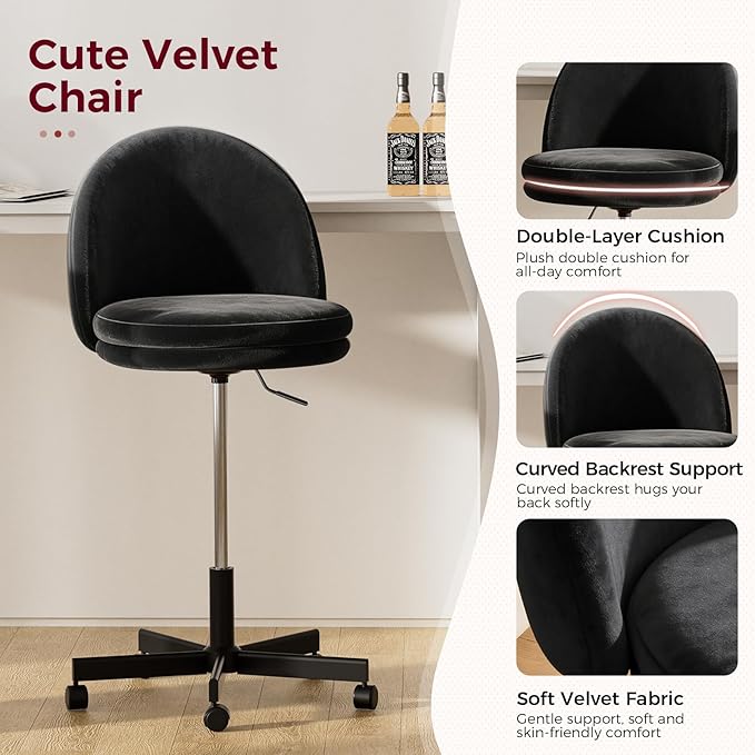 COMHOMA Vanity Chair with Velvet Fabric Small Tall Armless Chair with Back Cute Candy Chair for Girls Gift Living Room/Makeup Room/Bedroom/Kitchen (Height Use: Adjustable from Desk to Bar Height)
