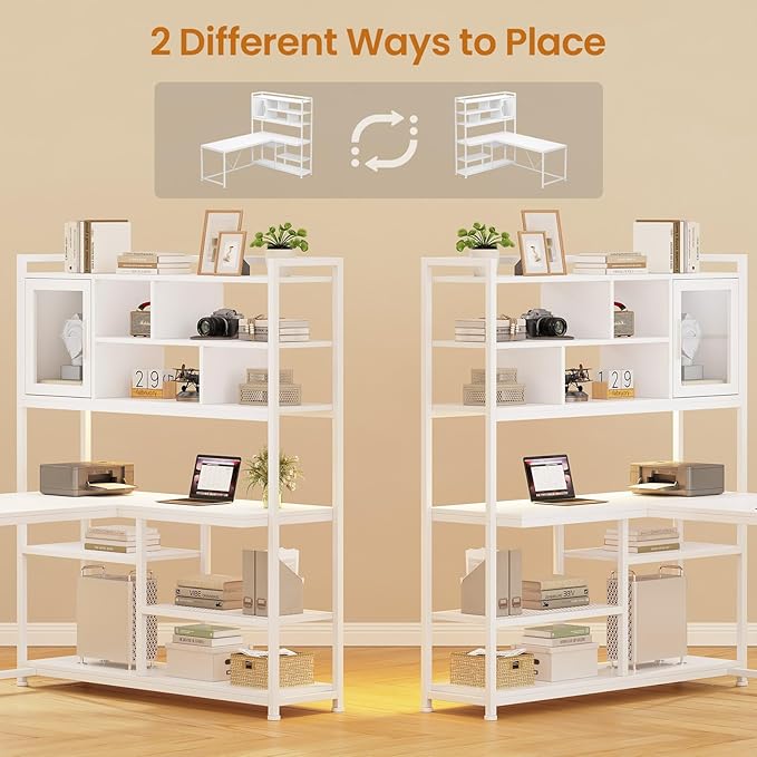 SEDETA L Shaped Computer Desk 58'' Office Desk with LED Light and Bookshelf L Shaped Corner Desk with Storage Shelves for Home Office Gaming Desk L Desk White