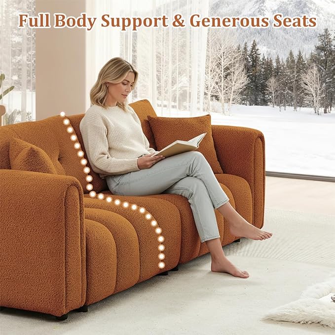 91.5 W Cloud Boucle Sofa for Living Room Modern Comfy Boucle Couch with Rolled Arms and Soft Pillows Teddy Oversized Loveseat for Apartment Studio Bedroom Orange