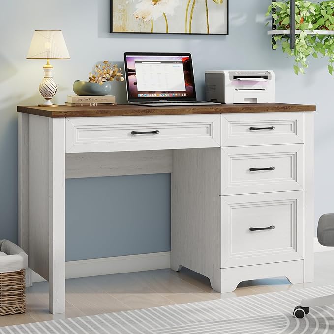 Farmhouse Executive Desk with Drawers Wood Computer Desk with Ample File Drawer Rustic Home Office Desk with Storage for Bedroom Living Room White
