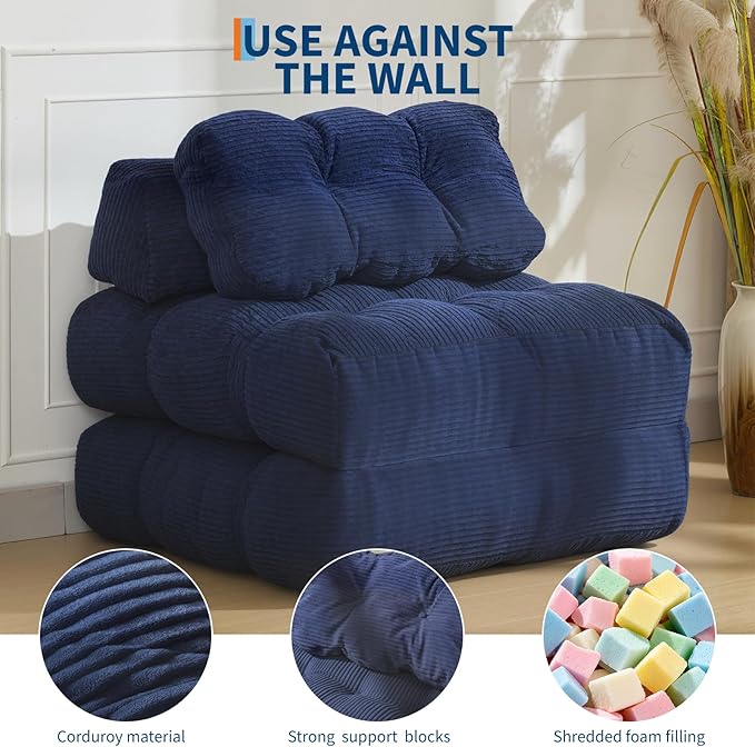 Folding Sofa Bed Convertible Sleeper Chair with Pillow Foldable Mattress&ampSide Pocket Portable Fold Out Chair Bed Comfy Floor Sofa Lounge for Living Room Bedroom Blue Single