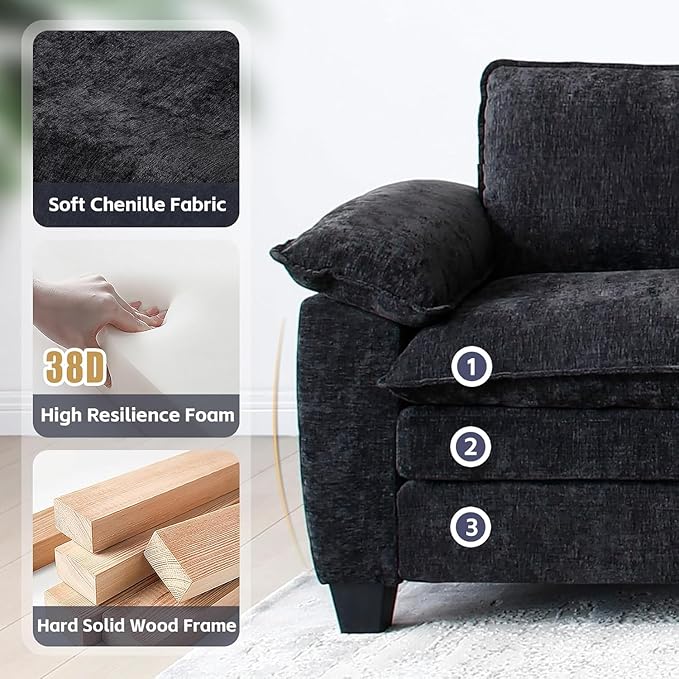 mestyl Modular Loveseat Sectional Sofa Comfy Cloud Couch 2 Deep Seat Sofa Couch 84 Soft Love Seat Modern Couches Set for Living Room Bedroom Chenille Black MT001