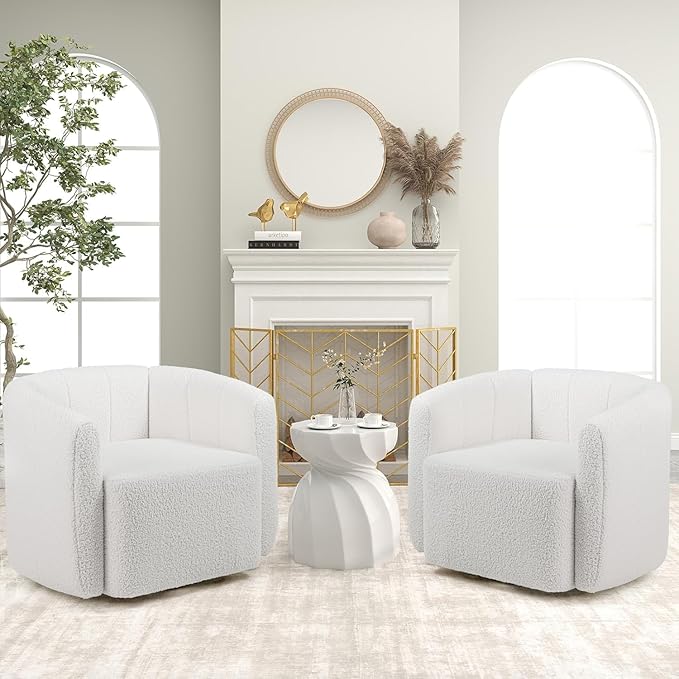 KOMFOTT Swivel Barrel Chair Sherpa Fabric Accent Chair with Curved Backrest &amp Armrests Upholstered Armchair with Wide Seat Pumpkin Shaped Single Sofa Chair for Living Room Bedroom White