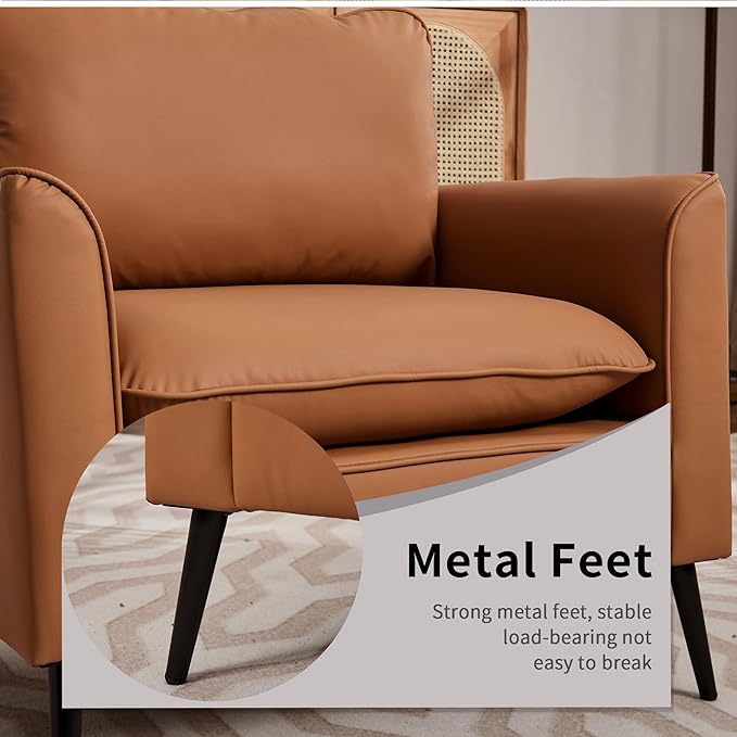 YISHENG Mid-Century Modern Living Room Accent Chairs Set of 2 - Oversized Faux Leather Armchairs with Removable Cushions &amp Metal Legs Comfortable Sofas for Office/Lounge/Bedroom/Reception（Brown）