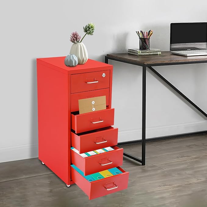 6 Drawers Mobile File Cabinet Rolling Vertical Filing Cabinet Under Desk Storage Organization 16 D x 11 W x 27 H (Red)