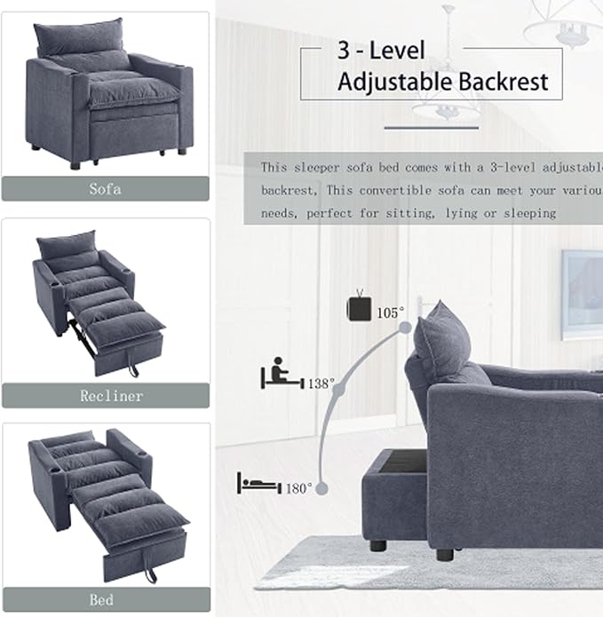 Sleeper Chair 3 in 1 Convertible Pull Out Chair Sleeper with Bracket and Cup Holder Chairs Bed Sleepers for Adults Adjustable Sofa Bed Chairs for Living Room Small Spaces Grey