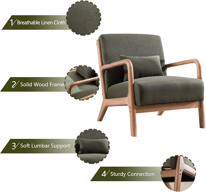 INZOY Mid-Century Modern Accent Chair Set of 2 Green Reading Armchair with Waist Cushion Upholstered Living Room Chairs for Bedroom Sunroom