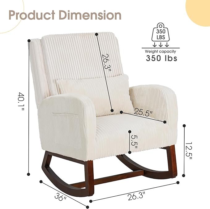 COCO DESIGN Corduroy Upholstered Rocking Chair for Nursery - Padded Seat &amp Back Sturdy Wood Rockers for Living Room Nursery Bedroom Relaxation (Beige)
