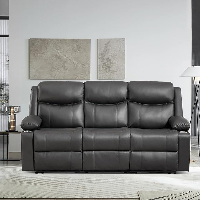Manual Reclining 3-Seater Sofa with Heat &amp Massage PU Leather Recliner Couch for Living Room Faux Leather Upholstery Deep Cushions &amp Sturdy Frame (Grey)
