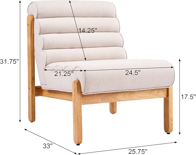 Scott Living Fluffy Low Profile Accent Chair Modern Living Room Armless Lounge Chair Fabric Comfy Reading Chair for Bedroom Wooden Frame and Thick Padded Seat Dark Beige+Natural