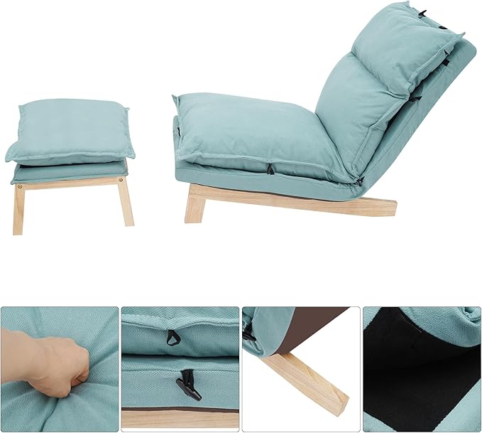 Single Lazy Sofa Lounge Chair with Footstool 5-Position Reclining Comfort for Living Room Balcony Japanese Tatami Floor Recliner Modern Leisure Recliner Indoor Use Green