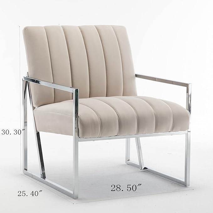Generic Velvet Vertical Stripe Armchair Gold Metal Frame Accent Chair Suitable for Living Room BedroomBeige