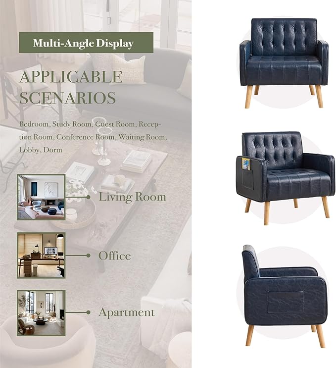 Leather Accent Chair Set of 2 Mid-Century Modern Tufted Living Room Chair with Wooden Legs and Side Pocket Cozy Office Reading Chair Comfy Armchair for Living Room Waiting Room