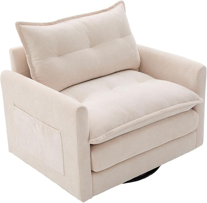 Swivel Accent Chairs for Living Room 36.2 Comfy Swivel Chair with Solid Metal Base Single Sofa with Pillows &amp Side Pockets (Beige)