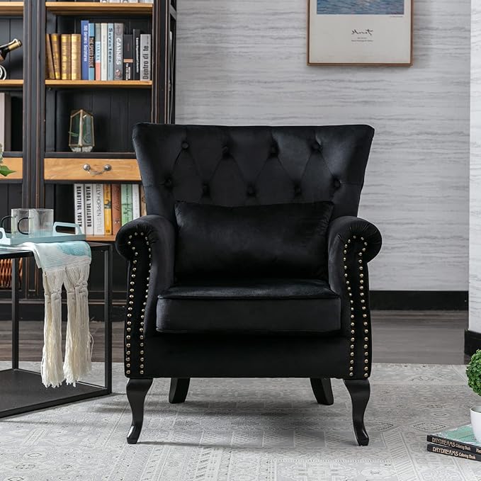 chairus Mid-Century Modern Accent Chair Comfy Tufted Single Sofa Chair Wingback Armchair with Pillow for Club Living Room Bedroom - Velvet Black