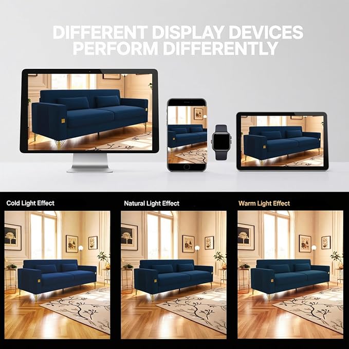 KEIKI 86 Oversized Luxury Velvet Sofa with Armrest and Removable Plush Cushions Gold Accents 3-Seater Couch with Solid Legs Easy Assembly for Living Room Bedroom Apartment Blue
