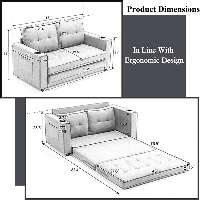 55 Loveseat Sofa Bed 3-in-1 Pull Out Floor Couch with Side Pockets &amp Cup Holder Floor Sofa Bed for Living Room Bedroom &amp Guest Room (Dark Gray)