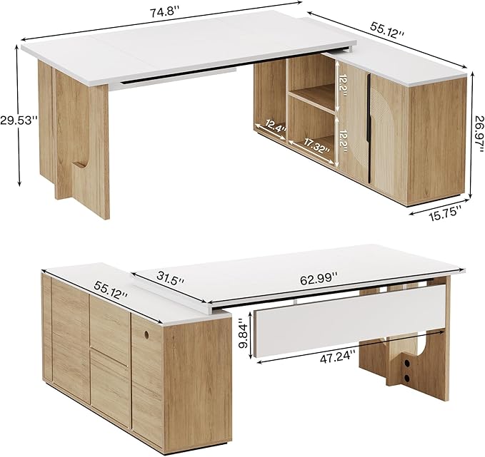 Tribesigns 74.8 Inch Executive Desk Large Office Desk with Cabinet L Shaped Computer Desk with Shelves and CPU Storage Modern Home Office Desks Business Furniture Workstation Set White and Wood