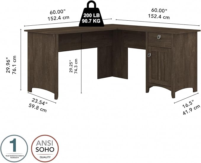 Bush Furniture Salinas L-Shaped Desk with Storage | Study Table with Drawers &amp Cabinets | Home Office Computer Desk in Ash Brown