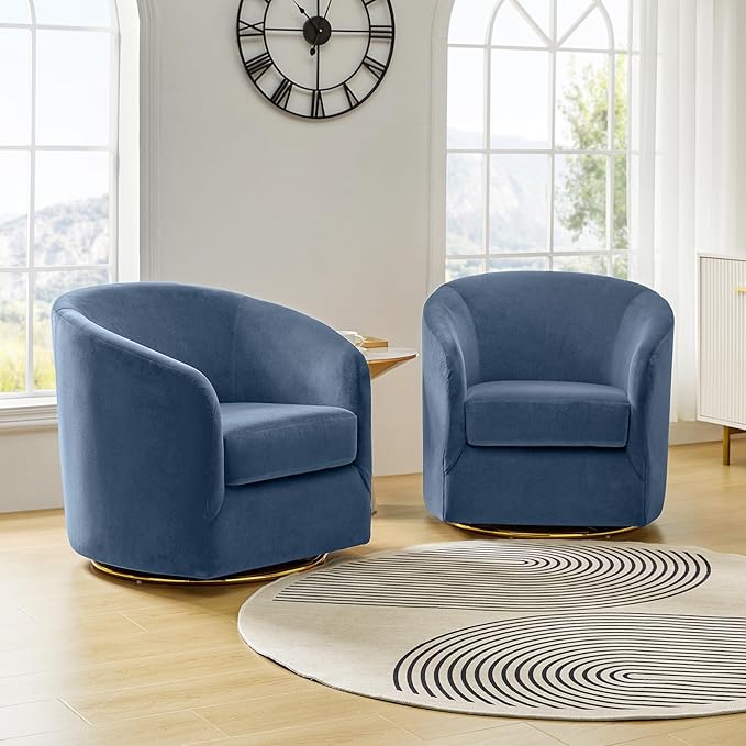 HULALA HOME Swivel Accent Chair with Gold Metal Base Set of 2 Contemporary Velvet Curved Swivel Barrel Chair Upholstered Club Armchair Leisure Single Sofa for Living Room Bedroom(Slate-Blue)