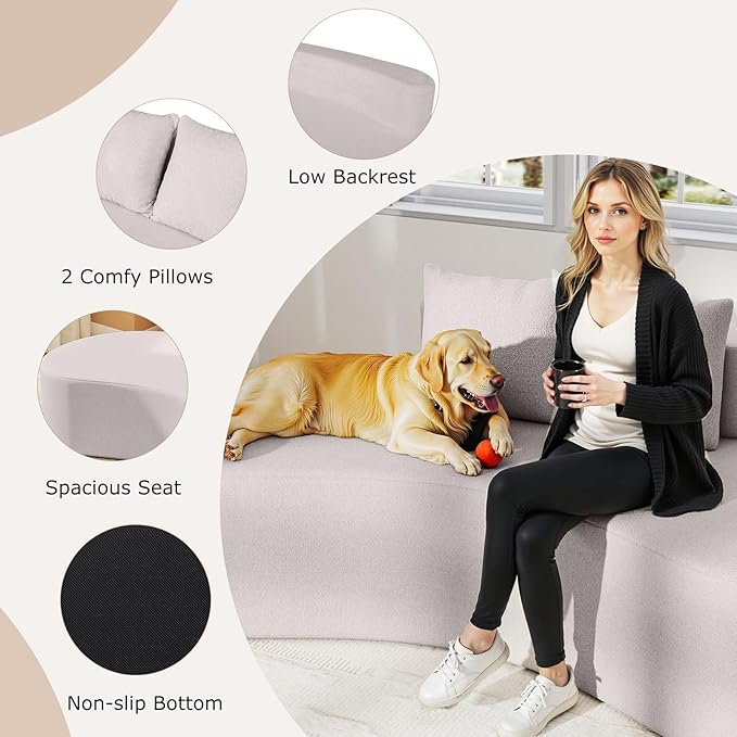 Giantex 78.5 Sofa Couch Upholstered Loveseat with 2 Cozy Pillows Low Backrest &amp Padded Seat Anti-Slip Bottom No Assembly Modern Floor Couch for Living Room Bedroom (Gray)
