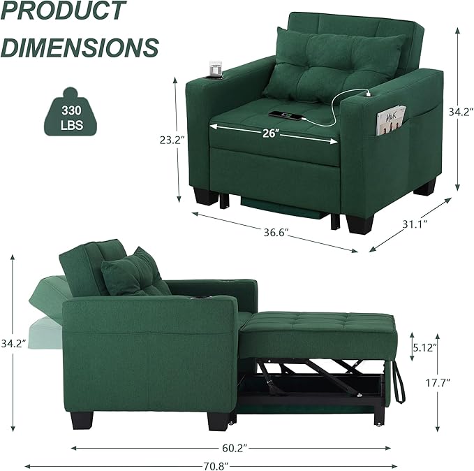 DURASPACE 36.6 Inch Sleeper Chair 3-in-1 Convertible Chair Bed Pull Out Sleeper Chair Beds Adjustable Single Armchair Sofa Bed with USB Ports Side Pocket Cup Holder (Forest Green Linen)