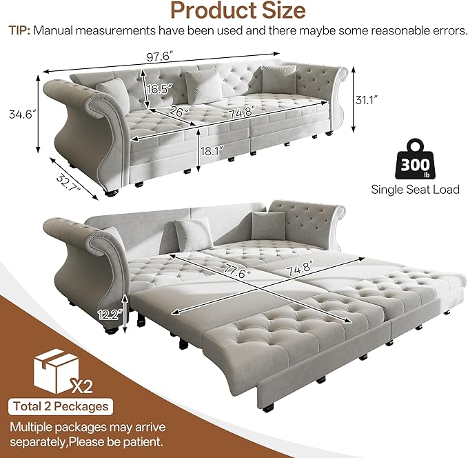 KEIKI 97.6 Chesterfield Sleeper Sofa with Pull Out Bed for Guests Oversized Velvet Couch with Rolled Arms &amp Tufted Upholstery for Hosting