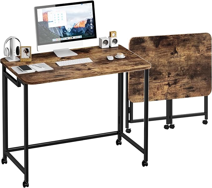 JSB Small Folding Computer Desk with Storage Bag and Hook Writing Modern Industrial Work Table Laptop for Home Office White (Rustic &amp Brown 31.5)