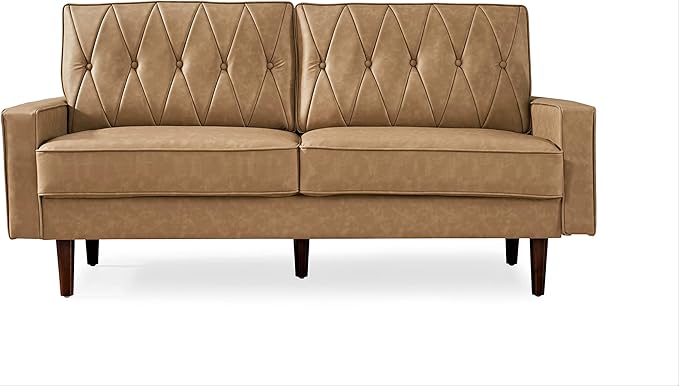 Container Furniture Modern Style Faux Leather Sofa with Elegant Round Tapered Legs and Button Tufted Backrest Perfect for Living Room Bedroom or Home Office 69.3’’ Wide Camel