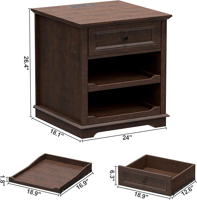 Lateral File Cabinet 3 Drawer File Cabinet with Charging Station Wood Lateral Filing Cabinet Printer Stand with Open Adjustable Storage Shelves for Home Office Cherry