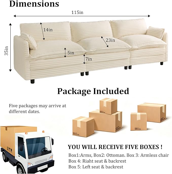 115'' Modular Sectional Sofa Comfy Cloud Couch with Movable Ottoman Deep Seat Corduroy Modular Sofa Sectional Couches for Living Room Bedroom and Apartment Beige