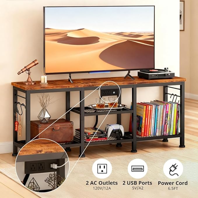 LUCKLIFE TV Stand with Charging Station for TVs up to 55 InchRustic Wood Entertainment Center with 3-Tier Storage ShelvesModern TV Media Console Table with 4 Hooks for Living RoomBedroom(Brown)