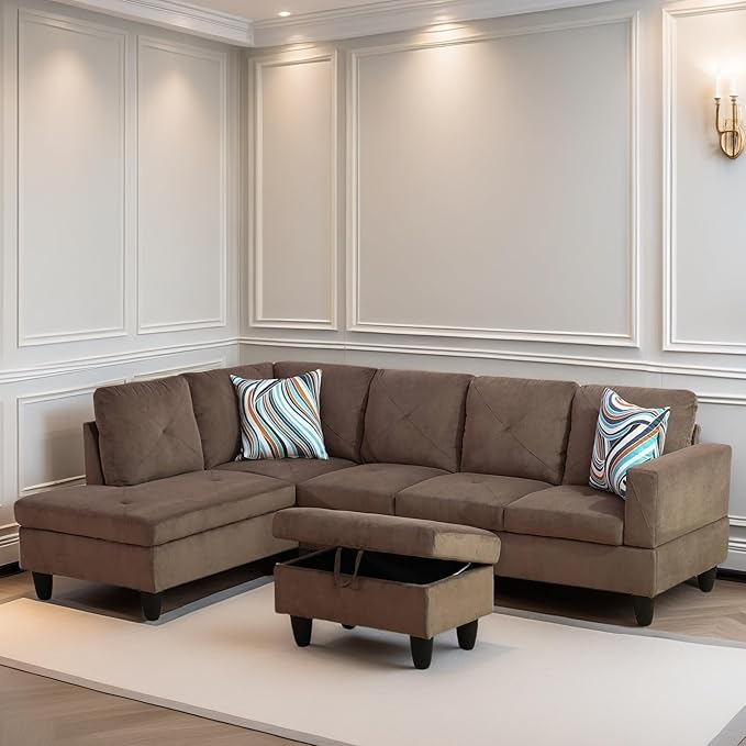 FONTOI L Shaped Sectional Couch Sofa Modern Couches for Living Room Comfy 4 Seat Modular Sectional Sofa with Ottoman Storage for Bedroom Apartment Brown