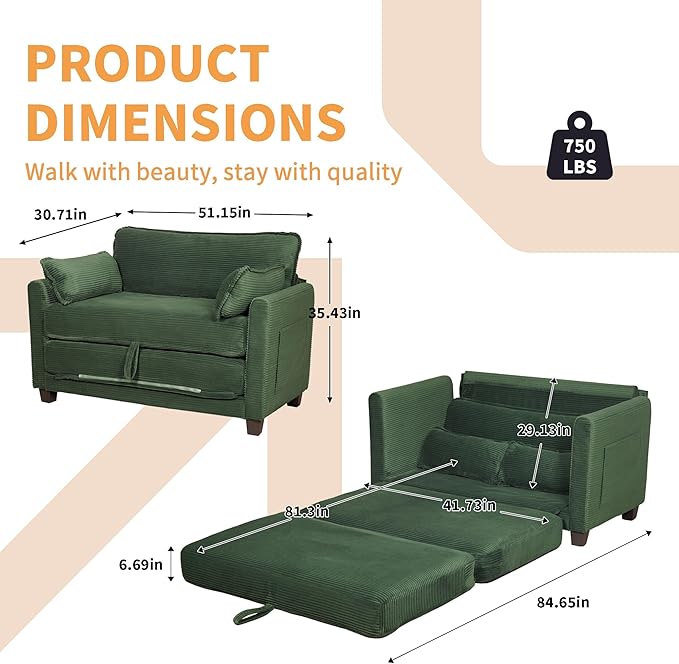 KEIKI Convertible Sofa Bed 2 in 1 Corduroy Loveseat Folding Couch Bed with Storage Chaise Lounge Chair &amp Floor Futon Sleeper Love Seating for Small Apartment Guest Living Room Easy Assembly Gr