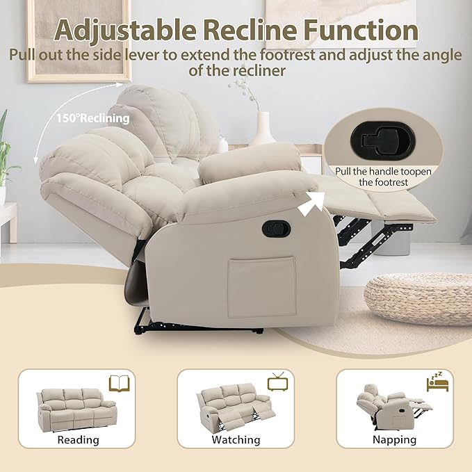 3 Seat Reclining Sofa Leather 3-Seater Manual Reclining Couch with Side Pocket Easy Assembly Reclining Loveseat Sofa for Living Room Meeting Room Bedroom Office Apartment RV