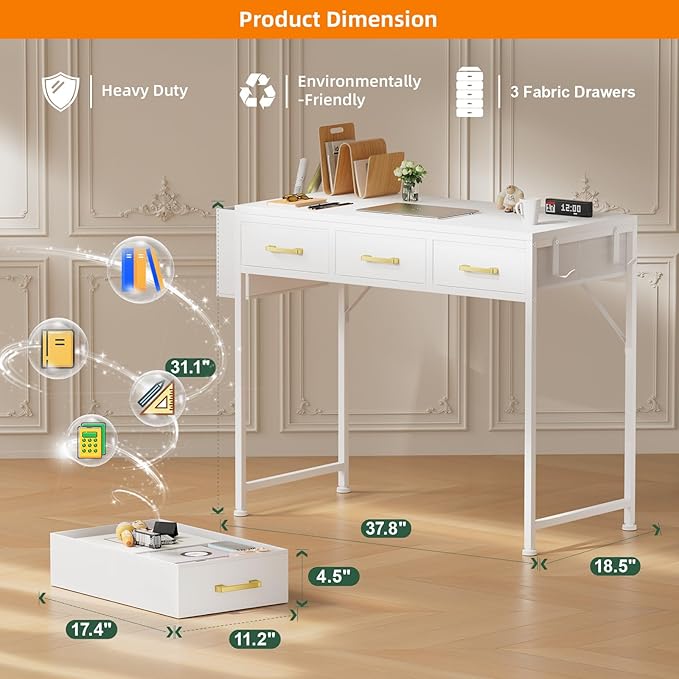 Small White Computer Desk with 3 Fabric Drawers for Home Office Bedroom Vanity Desk with Drawer Storage and Side Pouch Study Writing Table for Small Spaces White