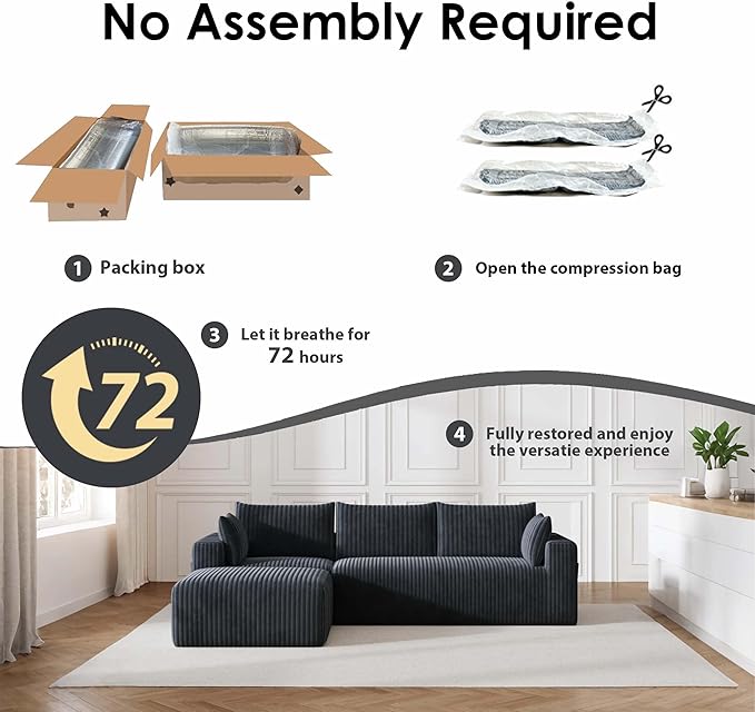 108 Boneless Couch Modular Sectional Couches for Living Room L Shaped Deep Seat Chaise with Side Pockets No Assembly Required Plush Corduroy Fabric Sleeper Sofa for Apartments Dark Grey