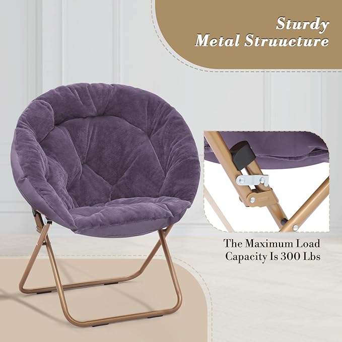 Athena Collection Round Saucer Chair with Ottoman Set for Adults Oversize Comfy Cozy Faux Fur Folding Reading Chair with Metal Leg Lazy Relaxing for Living Room Bedroom Dorm Apartment Purple