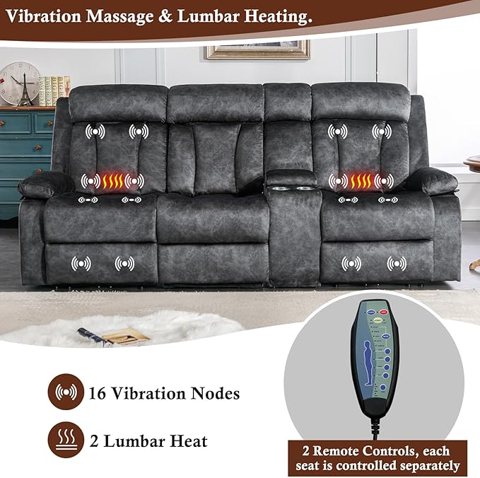 3 Seater Recliner Sofa Reclining Loveseat with Console Power Reclining Sofa with Heat and Massage Cup Holders USB &amp Type-C Charge Ports for Living Room