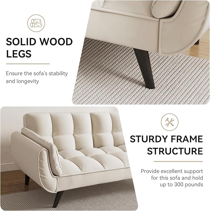KINFFICT 57 inch Beige Futon Sofa Couch Bed Comfy Velvet Upholstered Loveseat Convertible Sleeper Sofa cama with Adjustable Backrest Mid Century Modern Sofas for Living Room Bedroom Small Space