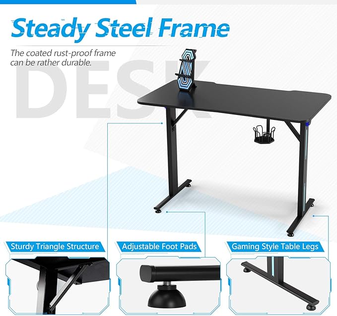 Tangkula Gaming Desk T-Shaped Computer Desk w/Game Controller Stand Cup Holder and LED Light Ergonomic Home Office Game Station with Carbon Fiber Surface (Black)