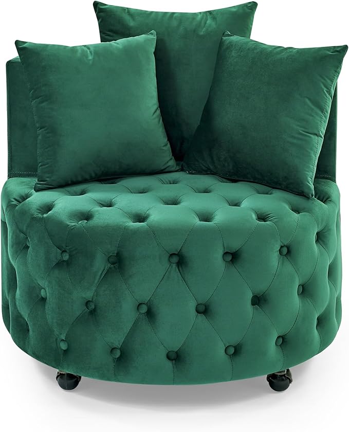 Velvet Upholstered Swivel Chair for Living Room with Button Tufted Design and Movable Wheels Including 3 Pillows Green