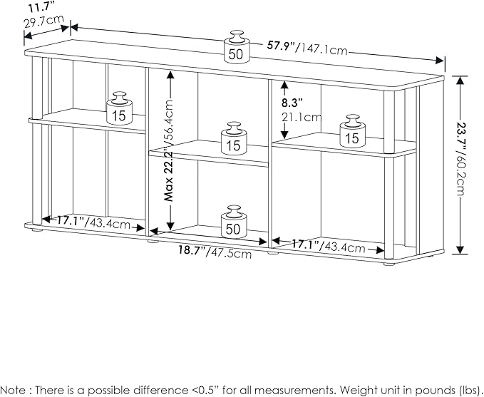 Furinno Classic TV Stand 3-Tier Entertainment Center with Open Shelf Open Back TV Console for TV up to 65 Inch with Plastic Poles for Living Room Bedroom Amber Oak
