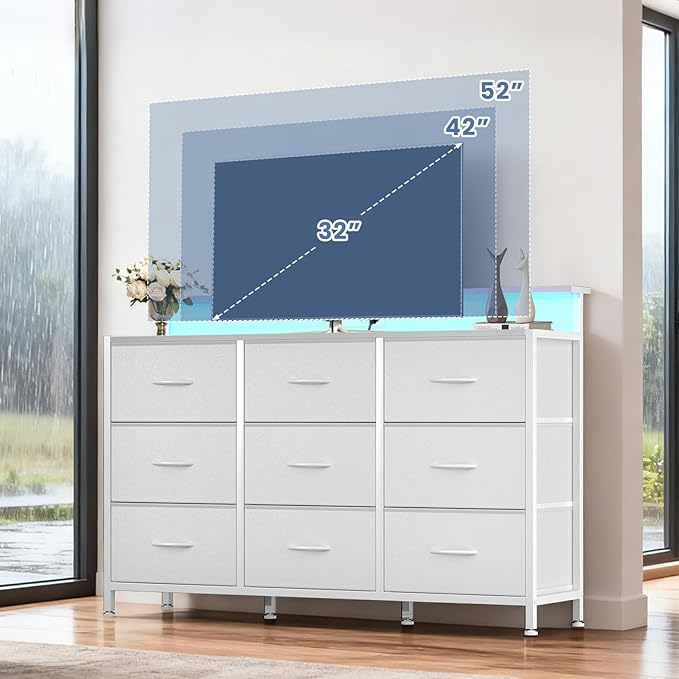 DUMOS TV Stand Dresser with 9 Fabric Drawers and Open Shelves Entertainment Center with LED Lights Charging Station for Bedroom Wood Top Media Console for 45-55 inch TV Stand with Storage White